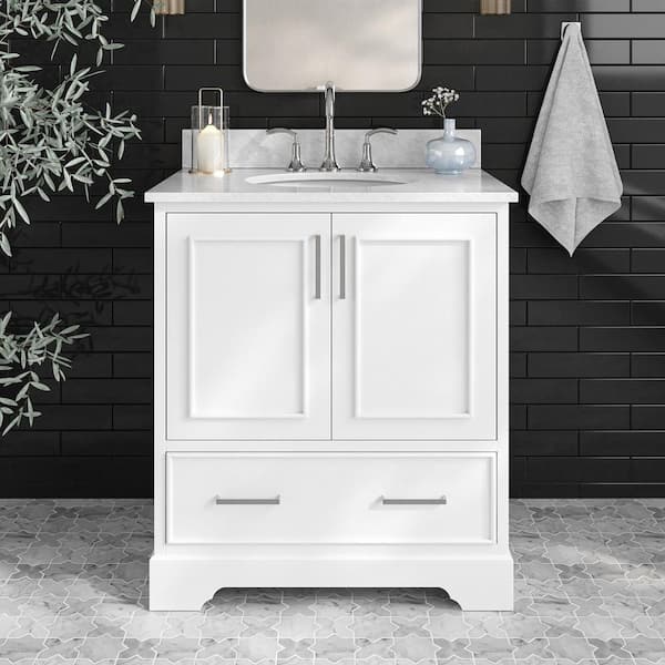 ARIEL Stafford 30 in. W x 22 in. D x 35.25 in. H Single Sink Freestanding Bath Vanity in White with Carrara White Marble Top