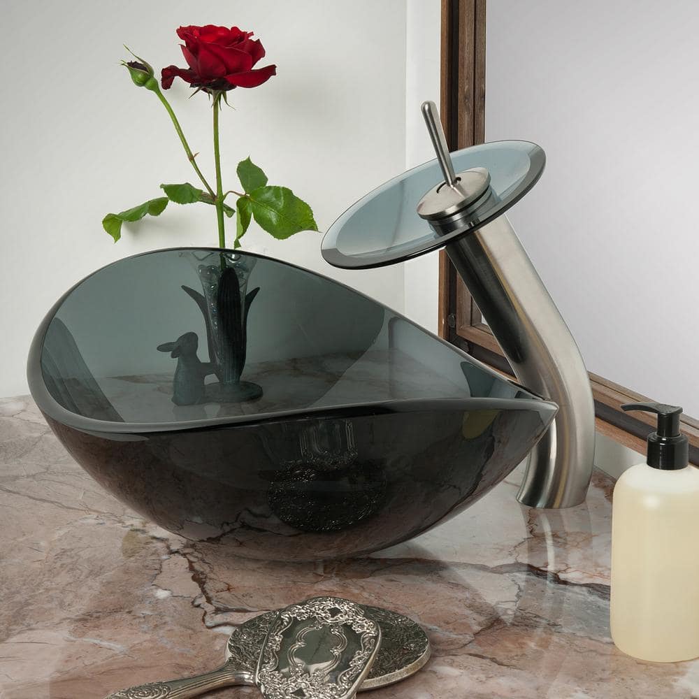 Brushed Nickel Single Handle Waterfall Vessel Faucet with Smoke Glass