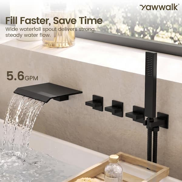 YAWWALK 3-Handle Wall Mount Waterfall Roman Tub Faucet 5.6 GPM