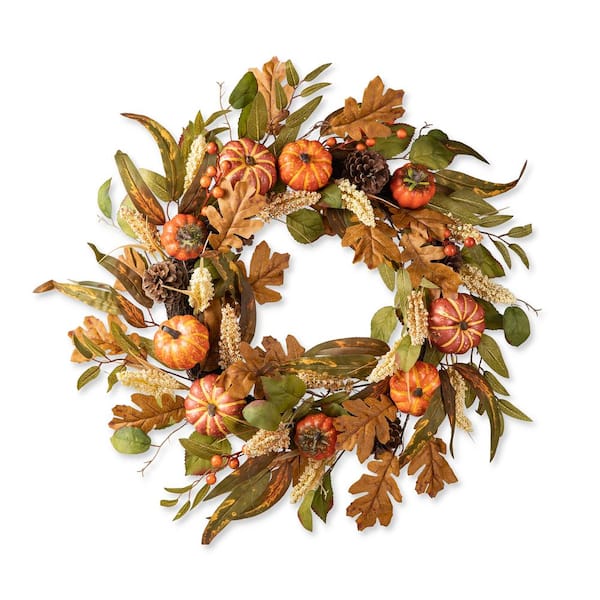 24 in. D Fall Unlit Pumpkin Leaf Floral Wreath