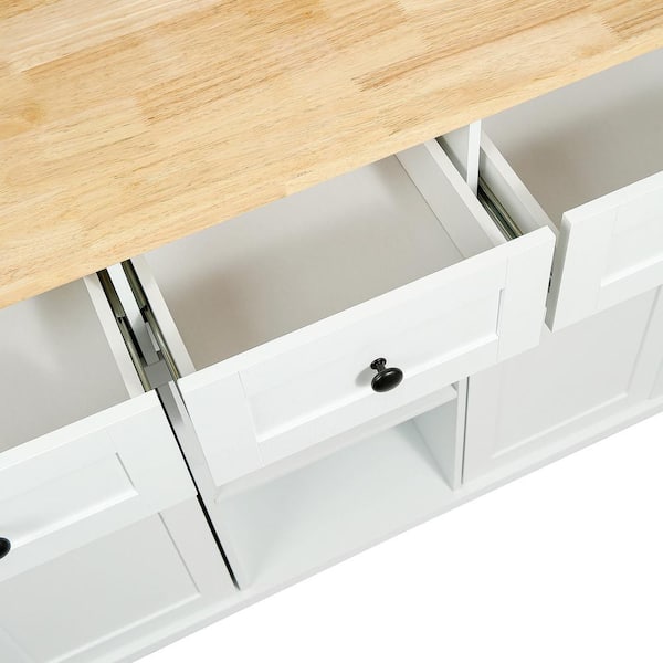 ARTCHIRLY Brown Solid Wood Top 53.1 in. White Kitchen Island with Drop Leaf, Cabinet Door Internal Storage Racks and 3-Drawers