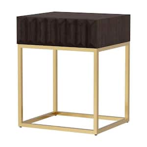 19 in. Dark Brown and Gold Rectangle Wood End Table with Steel Base