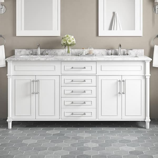 Aberdeen 72 in. Double Sink Freestanding White Bath Vanity with Carrara Marble Top (Assembled)