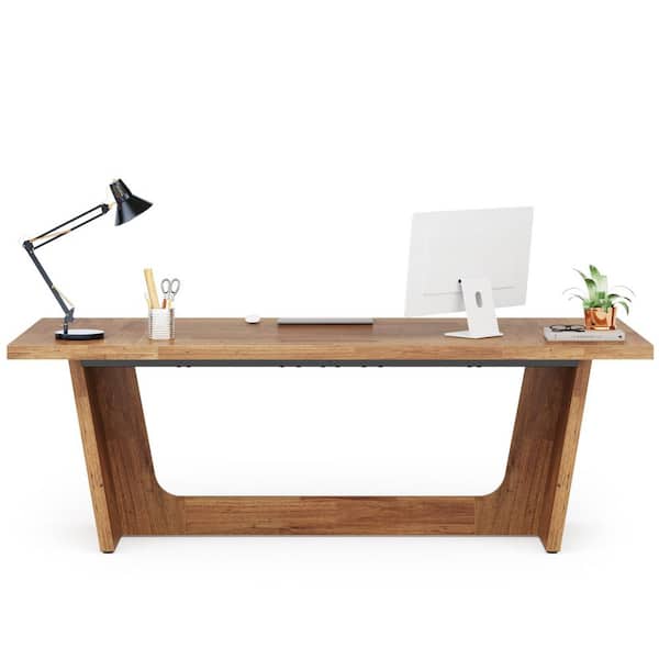 BYBLIGHT 70.87 in. Rectangular Walnut Wood Executive Computer Desk with Sturdy Trapezoidal Base for Home Office