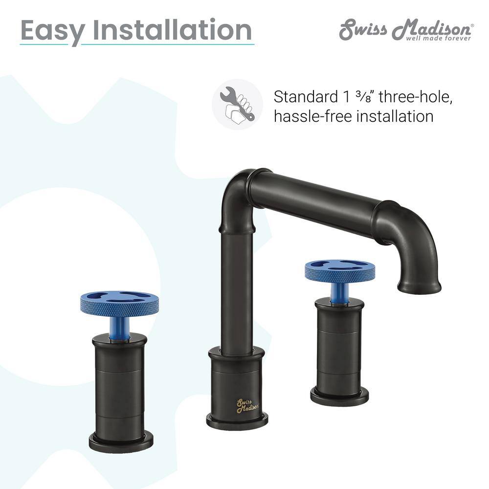 Swiss Madison Avallon Matte Black 8" Widespread Bathroom Faucet with Blue Handles