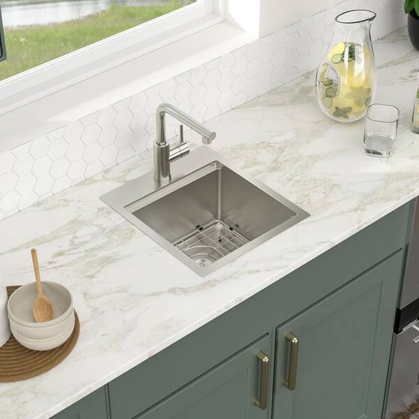 16-Gauge Stainless Steel 15 in. x 17 in. Drop-In Bar Sink Single Bowl Workstation Prep Kitchen Sink with Pull-Out Faucet