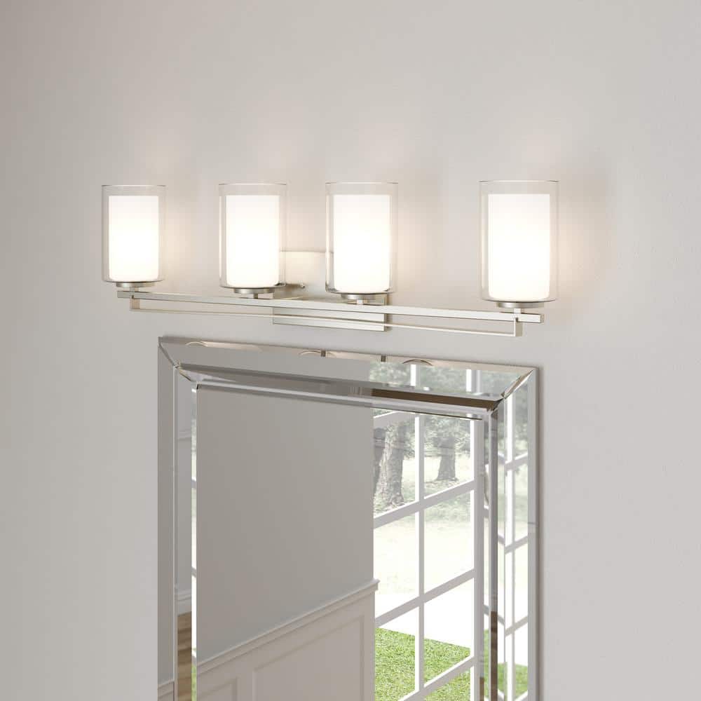 Elegant Brushed Nickel 4-Light Bath Bar with Etched White Glass
