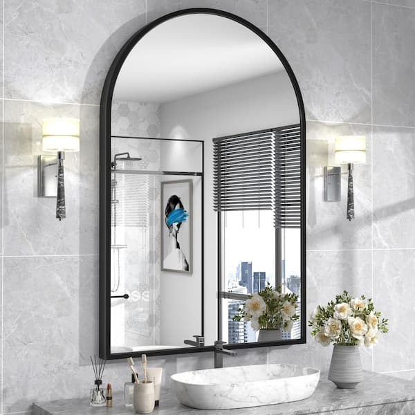 32 in. W x 48 in. H Arch Aluminum Alloy Framed and Tempered Glass Wall Decor Bathroom Vanity Mirror in Matte Black