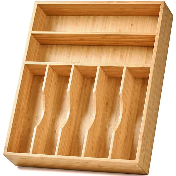 Bamboo Kitchen Drawer Organizer, 13 in Silverware Utensil Tray Holder, 7-Slot Deep Grooved Dividers for Flatware