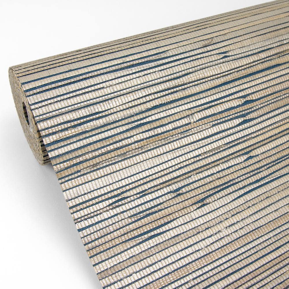 Champagne and Teal Striped Grasscloth Wallpaper Roll