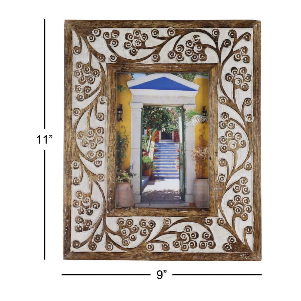 Hand-Carved White and Brown Wood 5x7 Photo Frame