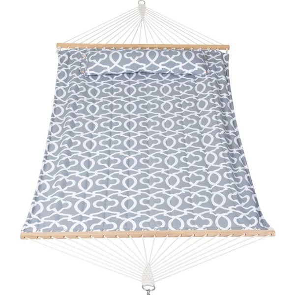 Double Hammock Quilted Fabric Swing with Spreader Bar, Detachable Pillow, 55" x 79" Large Hammock, Grey Pattern