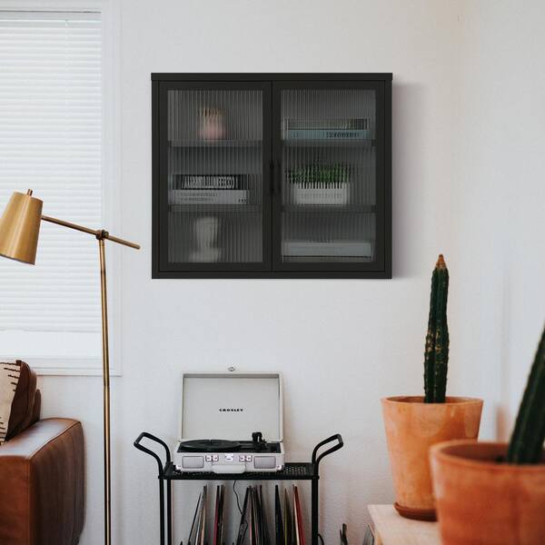 FUNKOL 27.6 L x 9.1W x 23.6H in. Black Vintage Style Double Glass Door Wall Mounted Cabinet with Removable Divider Included