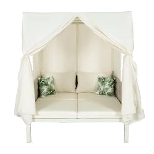 White Wicker Outdoor Day Bed with Beige Cushions, Curtains, High Comfort