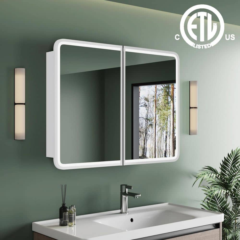 Thalia 32 in. W x 30 in. H Rectangular Iron LED Defogging Medicine Cabinet with Mirror, Recessed or Wall Mount, White price history on PriceWatchPro