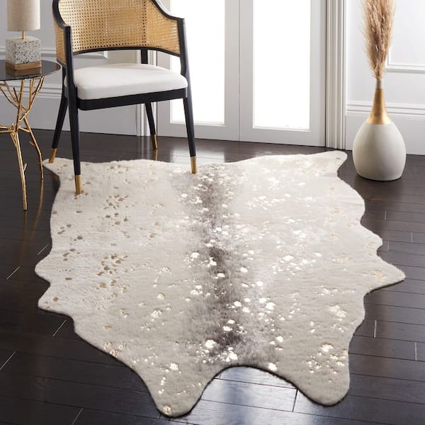 Faux Cow Hide 4 ft. x 5 ft. Beige/Gray Flokati High-Low Area Rug