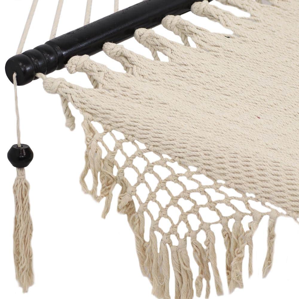 Beige Woven Polyester Hammock with Wooden Spreader Bars