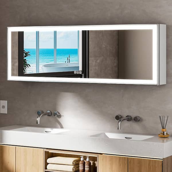 QueenFun Zena 60 in. W x 20 in. H Rectangular Aluminum Recessed/Wall Mount Dimmable Fogless Lighted Medicine Cabinet with Mirror