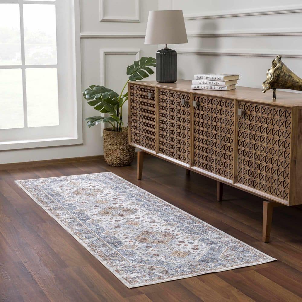 Light Blue and Beige Polyester Medallion Area Rug, 5'3" x 7'