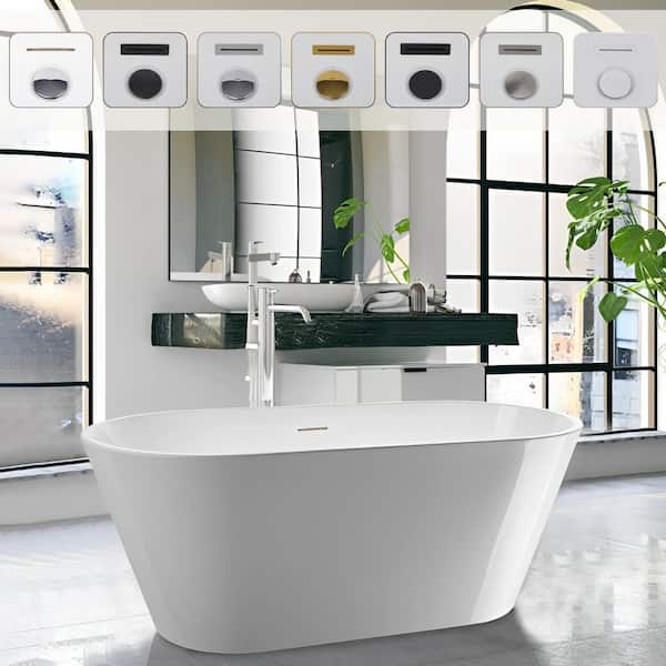 Vanity Art Domme 59 in. Acrylic Flatbottom Freestanding Non-Slip Bathtub in White/Integrated Overflow