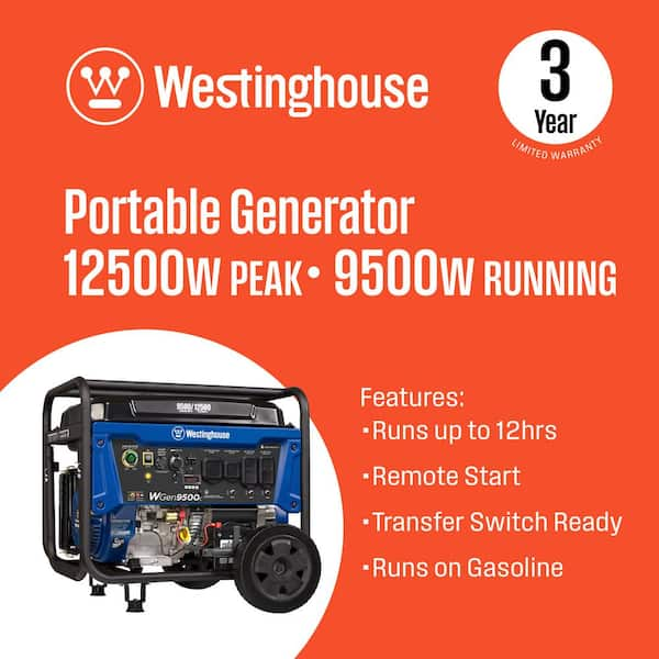 12,500/9,500-Watt Gas Powered Portable Generator with Remote Electric Start, 50 Amp Outlet