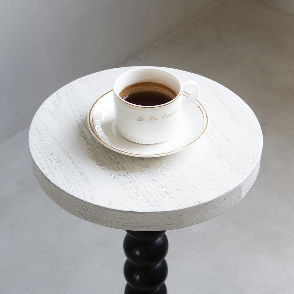 Small Round White and Black Wood Pedestal End Table