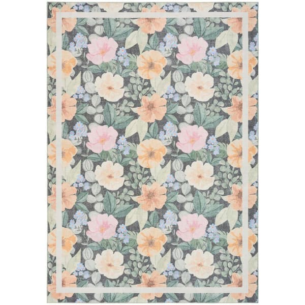 Botanical Washables Charcoal Multicolor 4 ft. x 6 ft. Floral Contemporary Area Rug