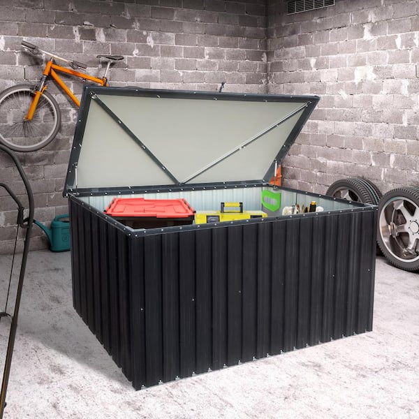 Zeus & Ruta 344 Gal. Black Metal Deck Box Waterproof for Large Patio Storage for Patio Furniture, Gardening Tools, Pool and Sports