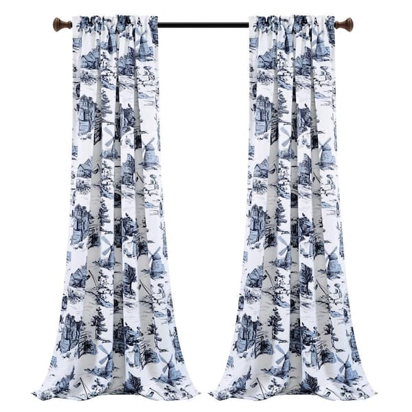 White/Blue Toile Rod Pocket Room Darkening Curtain - 52 in. W x 84 in. L (Set of 2)