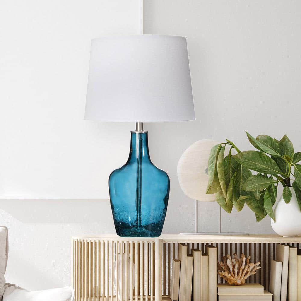 27" Deep Blue Glass Table Lamp with White Shade