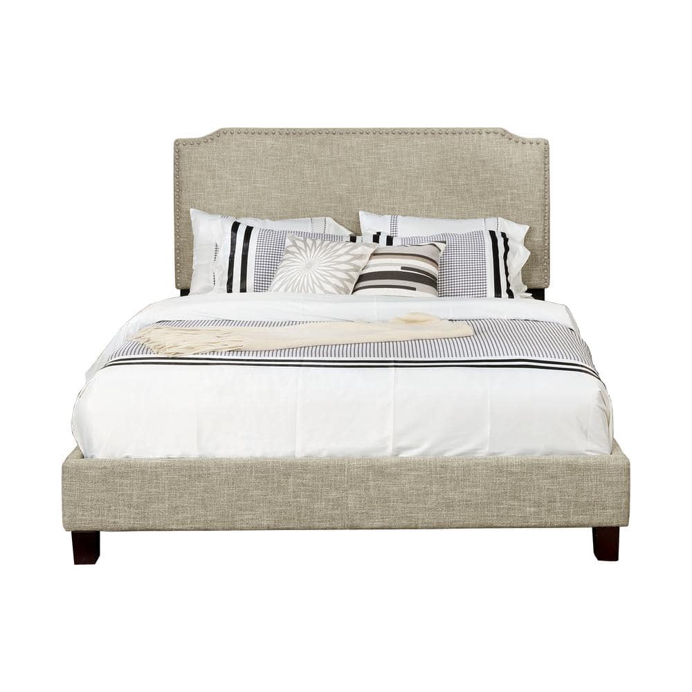 Beige Full Size Upholstered Panel Bed with Nail Head