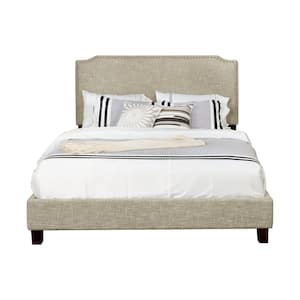 Beige Full Size Upholstered Panel Bed with Nail Head