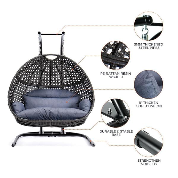 UPLAND Black Wicker Hanging Double-Seat Patio Swing Chair with 