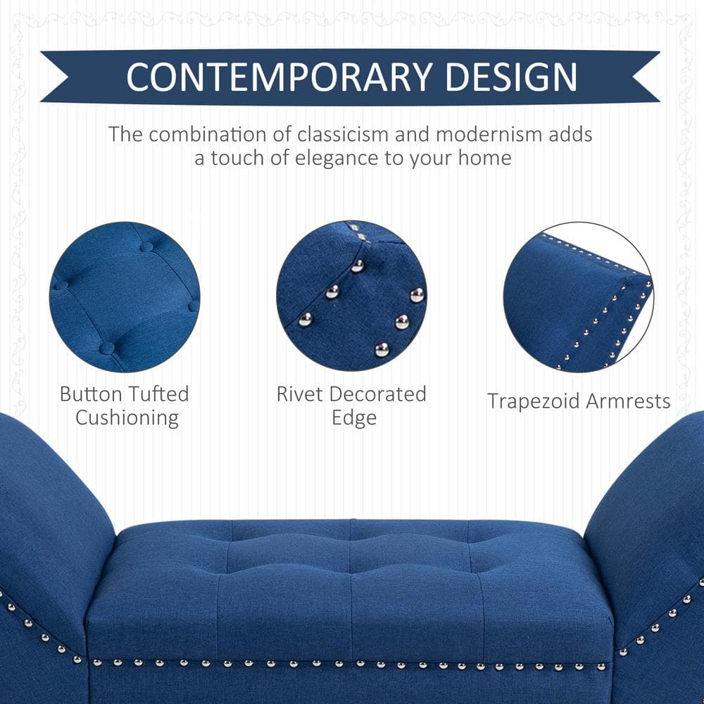 Elegant Nickel-Finish Tufted Linen Footstool with Arms in Blue