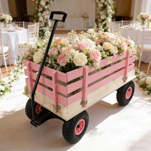 Pink Wooden Wagon Cart with Folding Handle, Heavy Duty All-Terrain
