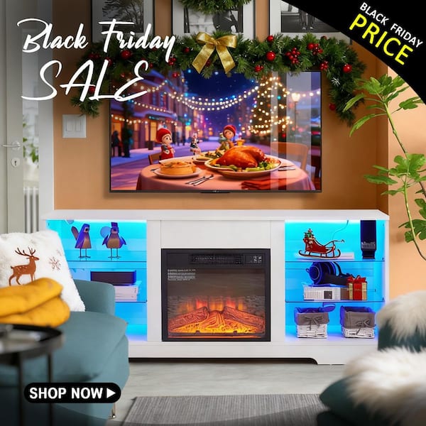 58 in. Freestanding Electric Fireplace TV Stand with LED Lights in White Modern