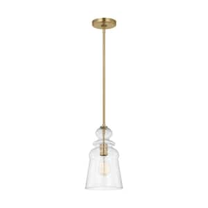 Kea 1-Light Satin Brass Hanging Pendant Light with Clear Seeded Glass Shade