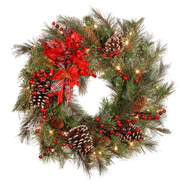 National Tree Company 24 in. Decorative Collection Tartan Plaid Artificial Wreath with Battery Operated Warm White LED Lights