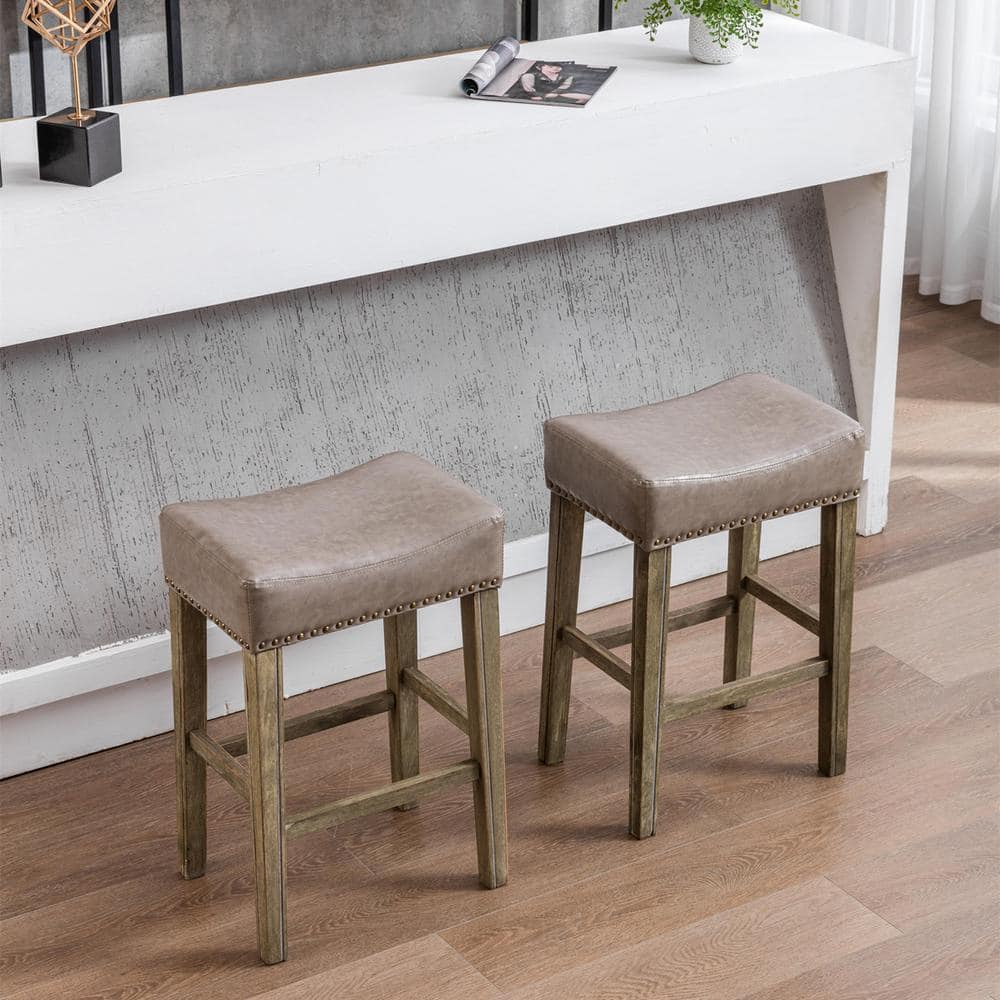 26 in. Gray Backless Wood Faux Leather Cushioned Barstools, Saddle Stools for Extension Counter (Set of 2) -  ANBAZAR, WJZ-105B