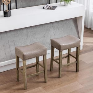 26 in. Gray Backless Wood Faux Leather Cushioned Barstools, Saddle Stools for Extension Counter (Set of 2)