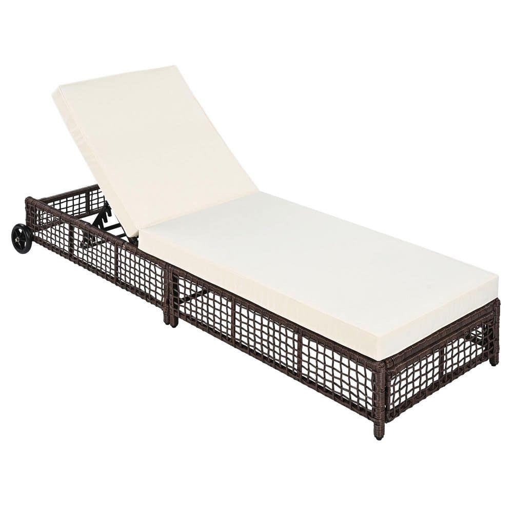 Brown Wicker Rattan Patio Outdoor Lounge Chair with Beige Cushion, 5-Positi