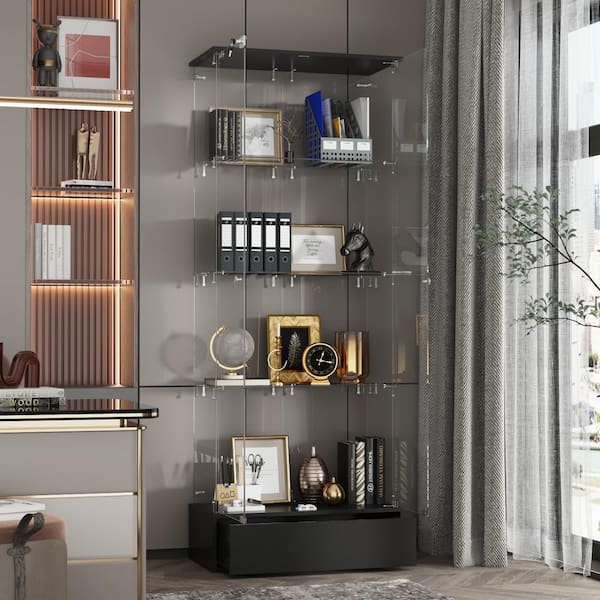 4-Shelf Tempered Glass 27.6 in. W Display Cabinet in Black With Glass Shelves, Drawer and Lock