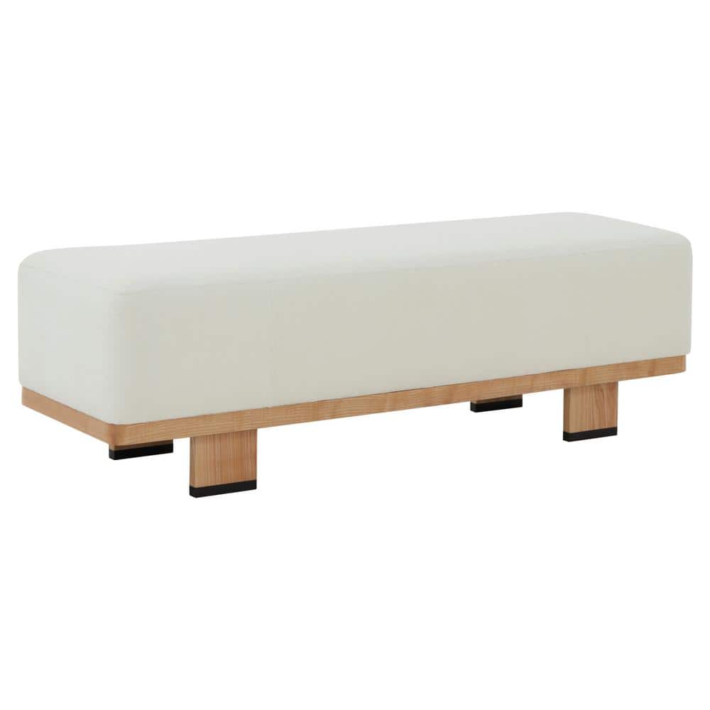 Ivory Boucle Upholstered Bench with Ash Wood Base, 59"