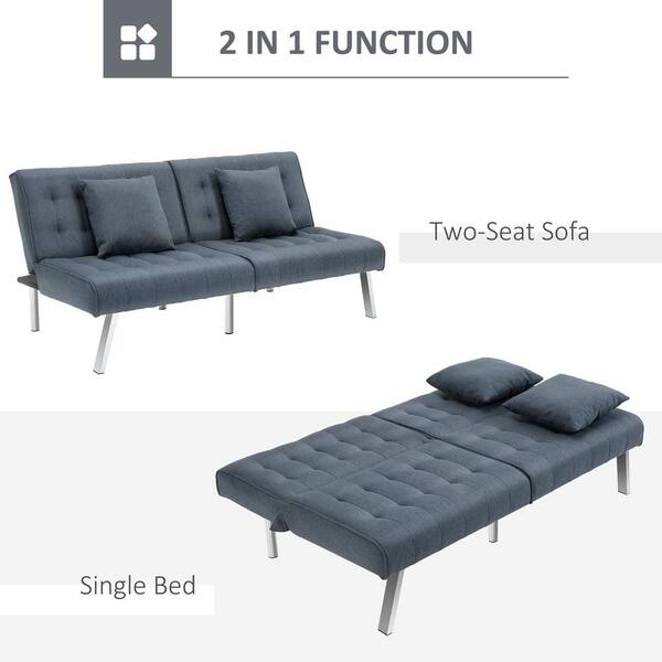 63 Grey Linen 2 Seat Double Sofa Bed, 2 Person Convertible Sofa Bed With Adjustable Backrest Footstool