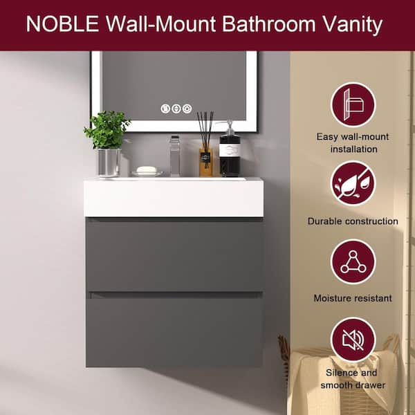 24 in. Wall Mount Modern Single Sink Gray Bath Vanity with One-Piece White Solid Surface Top Sink Pre-assembled