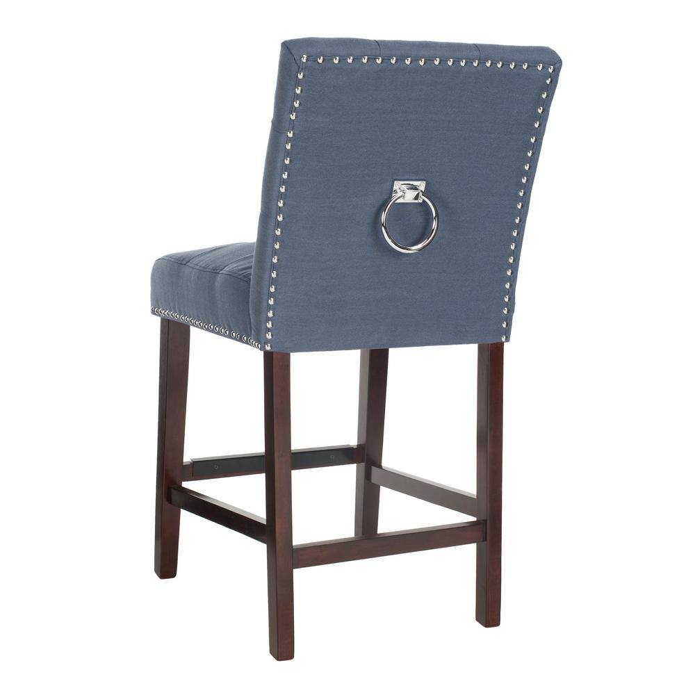 Navy Blue Tufted Linen Transitional Counter Stool, Set of 2