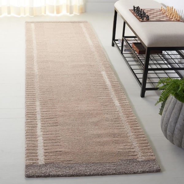 Ebony 2 ft. x 9 ft. Beige/Ivory Striped Border Solid Runner Rug
