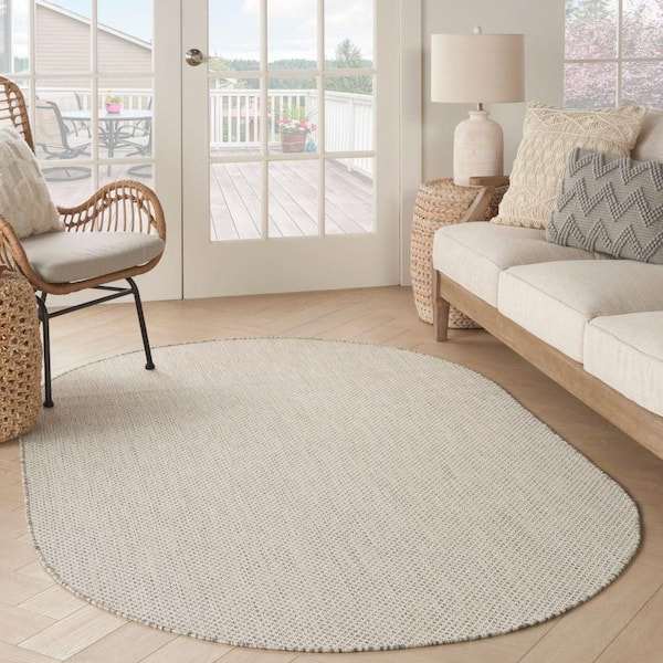 Courtyard Ivory Silver 6 ft. x 6 ft. All-Over Design Contemporary Oval Area Rug