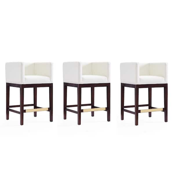 Manhattan Comfort Kingsley 34 in. Ivory and Dark Walnut Low Back Beech Wood Counter Height Bar Stool (Set of 3)