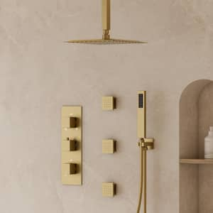 5-Spray 12 in. Ceiling Mount Fixed and Handheld Shower Head Head 2.5 GPM with 3-Jets in Brushed Gold(Valve Included)